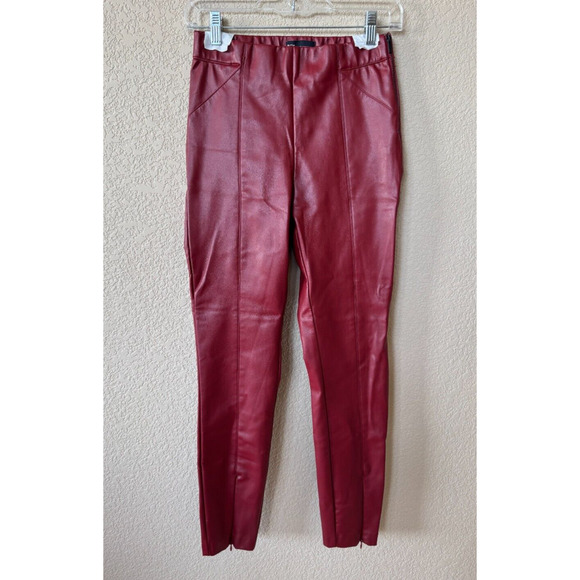 ZARA Faux Leather Skinny High Rise Pants Ankle Zip Size M Medium Red Burgundy - Picture 1 of 9